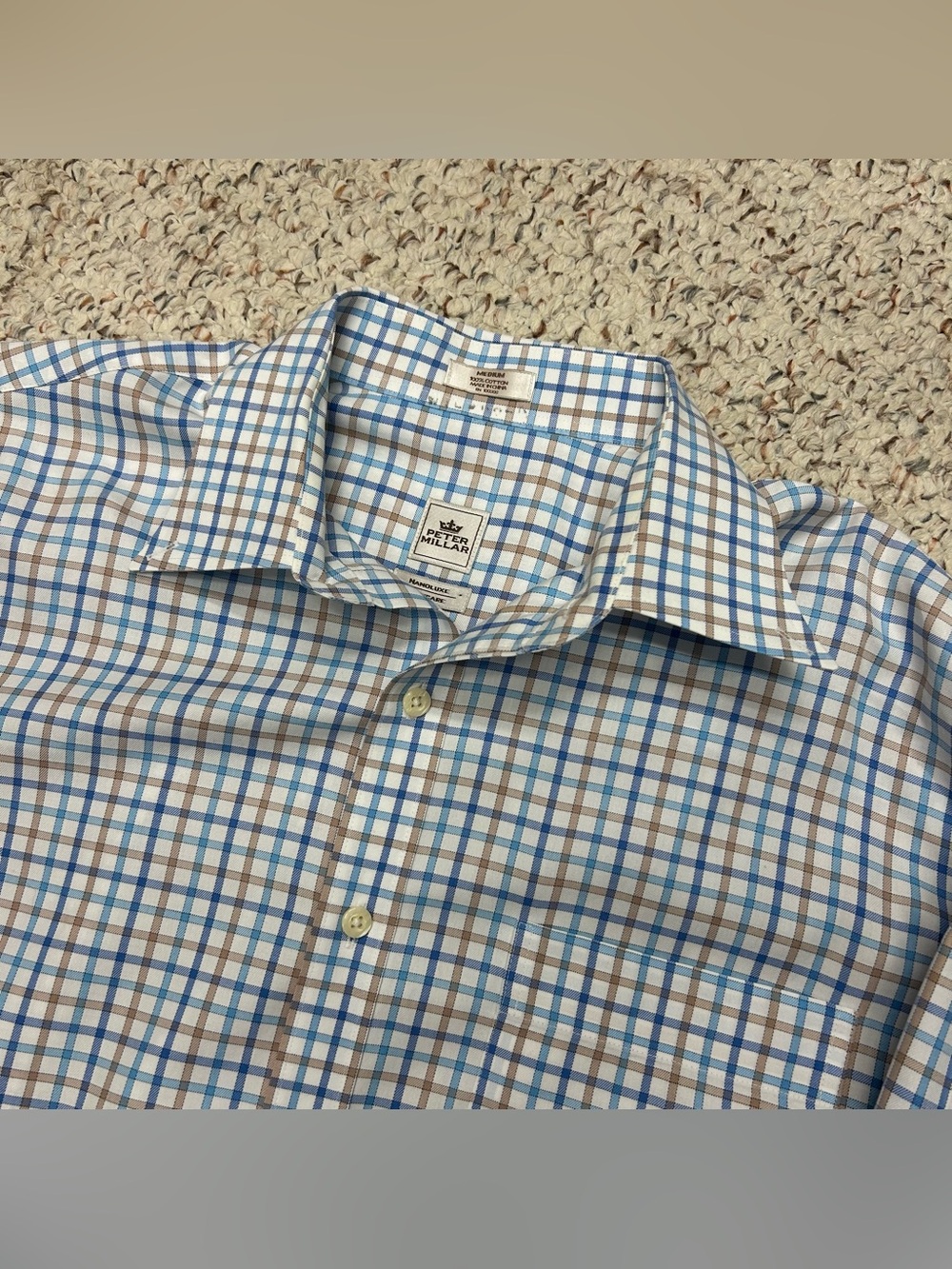 Peter Millar Button Down Shirt Mens Med Blue White Plaid L/S Nanoluxe Easy Care
